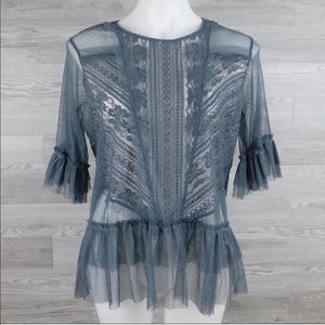 Sheer Bluheaven Gray Lace Peplum 3/4 Sleeve Top